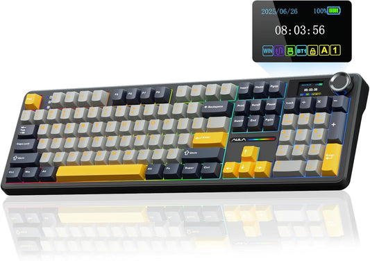 AULA Teclado Mecánico Inalámbrico F108 PRO – Hot Swappable, Batería 8000mAh, RGB, Keycaps PBT, Perilla y Pantalla – Switches Prelubricados Sonido Cremoso (Gris-amarillo)