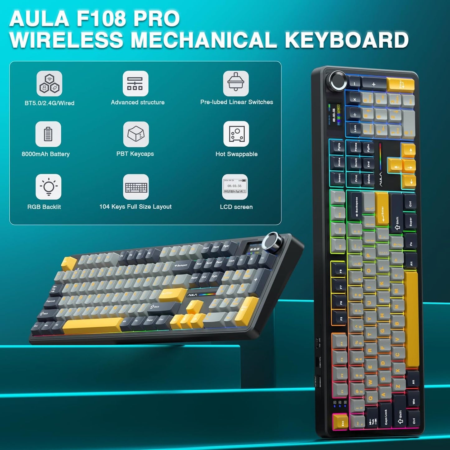 AULA Teclado Mecánico Inalámbrico F108 PRO – Hot Swappable, Batería 8000mAh, RGB, Keycaps PBT, Perilla y Pantalla – Switches Prelubricados Sonido Cremoso (Gris-amarillo)