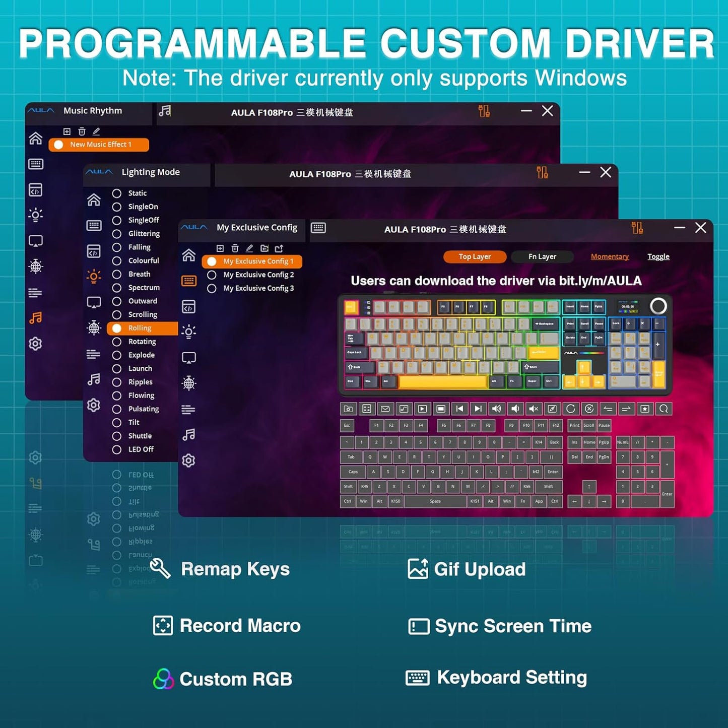AULA Teclado Mecánico Inalámbrico F108 PRO – Hot Swappable, Batería 8000mAh, RGB, Keycaps PBT, Perilla y Pantalla – Switches Prelubricados Sonido Cremoso (Gris-amarillo)