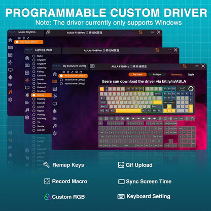 AULA Teclado Mecánico Inalámbrico F108 PRO – Hot Swappable, Batería 8000mAh, RGB, Keycaps PBT, Perilla y Pantalla – Switches Prelubricados Sonido Cremoso (Gris-amarillo)