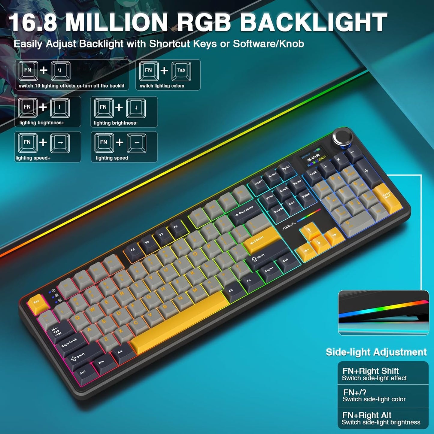 AULA Teclado Mecánico Inalámbrico F108 PRO – Hot Swappable, Batería 8000mAh, RGB, Keycaps PBT, Perilla y Pantalla – Switches Prelubricados Sonido Cremoso (Gris-amarillo)