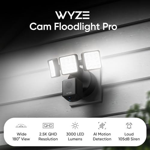 Cámara de Seguridad WYZE Floodlight Cam Pro 2.5K HD con Reflectores LED 3000 Lúmenes, Visión Nocturna en Color, 180° de Cobertura, Compatible con Alexa y Google