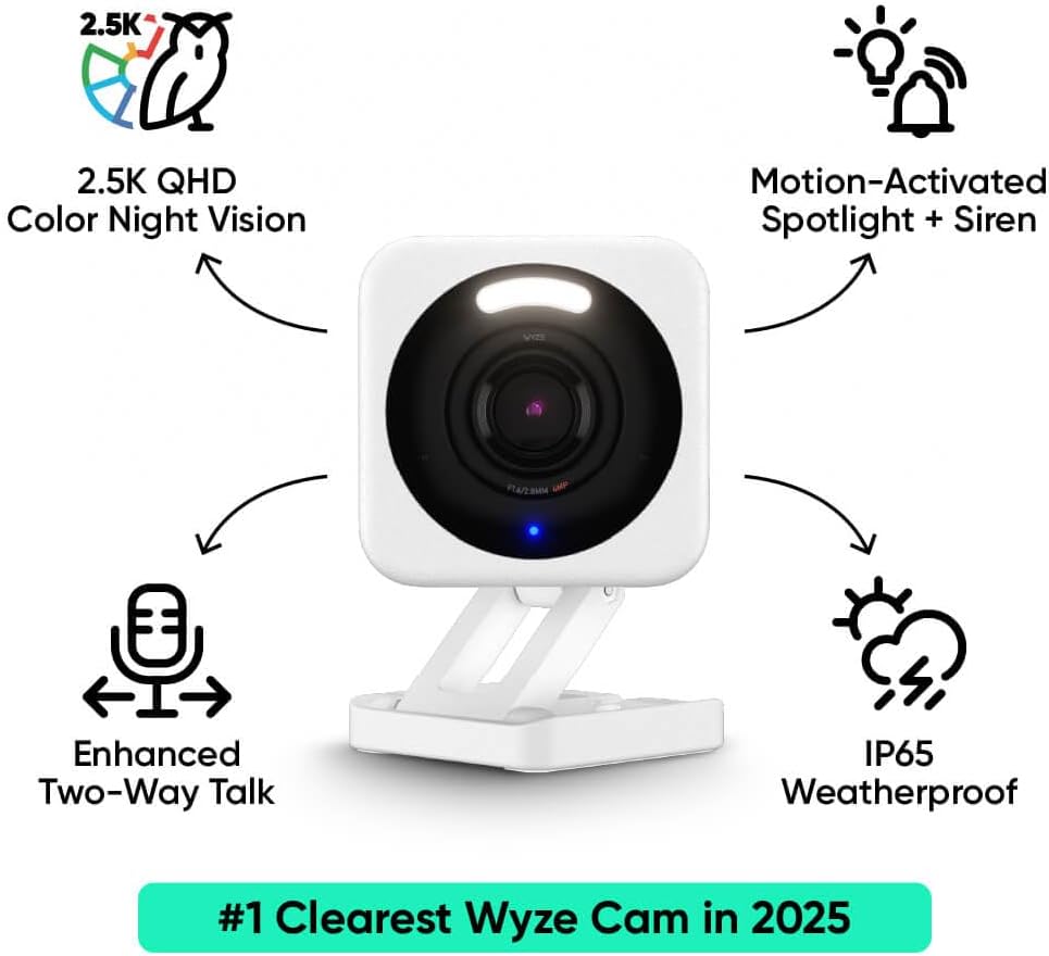 Cámara WYZE Cam v4 2.5K AI para Interior/Exterior, Visión Nocturna en Color, Sin Suscripción, Ideal para Hogar, Bebés y Mascotas