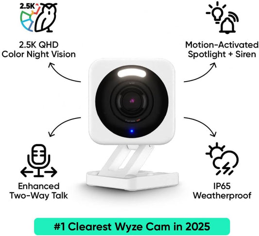 Cámara WYZE Cam v4 2.5K AI para Interior/Exterior, Visión Nocturna en Color, Sin Suscripción, Ideal para Hogar, Bebés y Mascotas