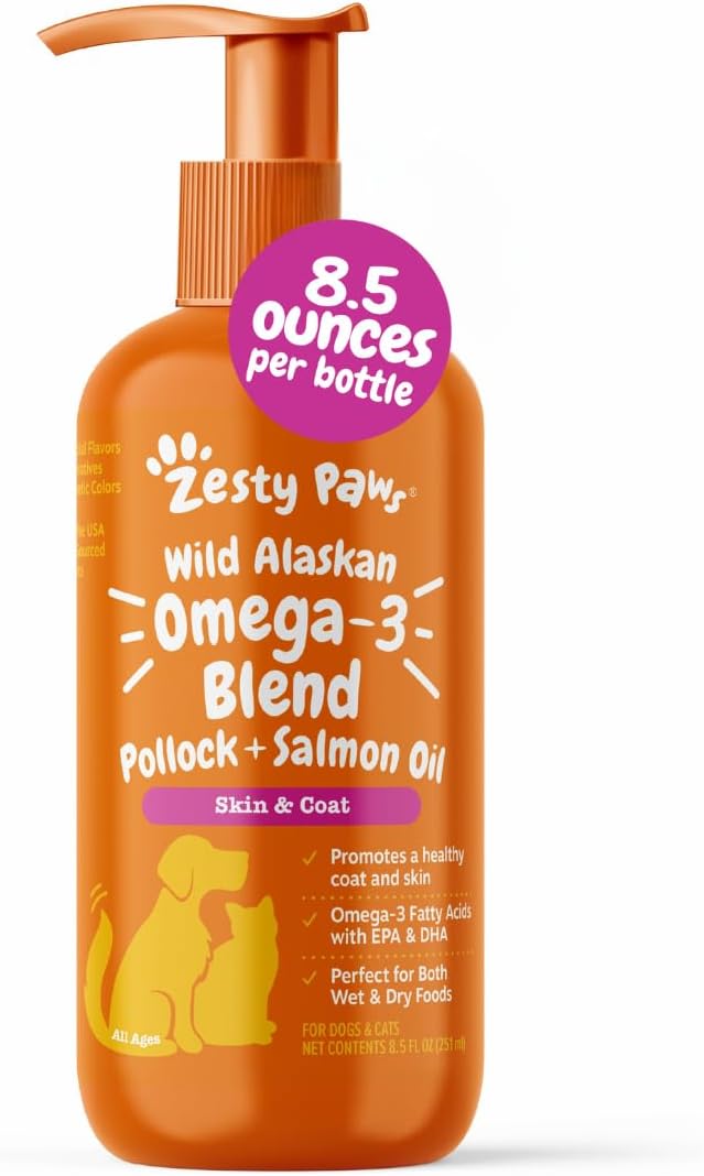 Zesty Paws Wild Alaskan Omega-3 mezcla de abadejo + aceite de salmón para perros y gatos, soporte para la piel y el pelaje, suplemento Omega 3 para mascotas, 8.5 onzas 