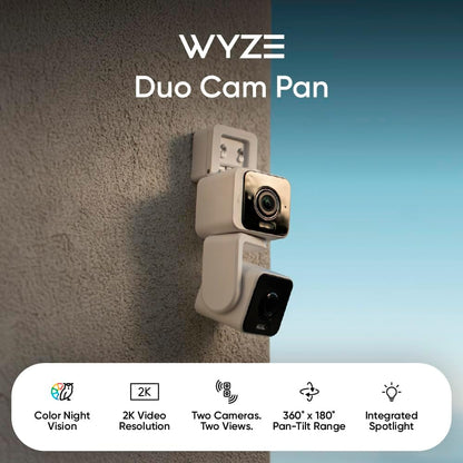 Cámara WYZE Duo Cam Pan 2K Interior/Exterior IP65 con Giro/Inclinación 360°, Visión Nocturna en Color, Compatible con Alexa y Google