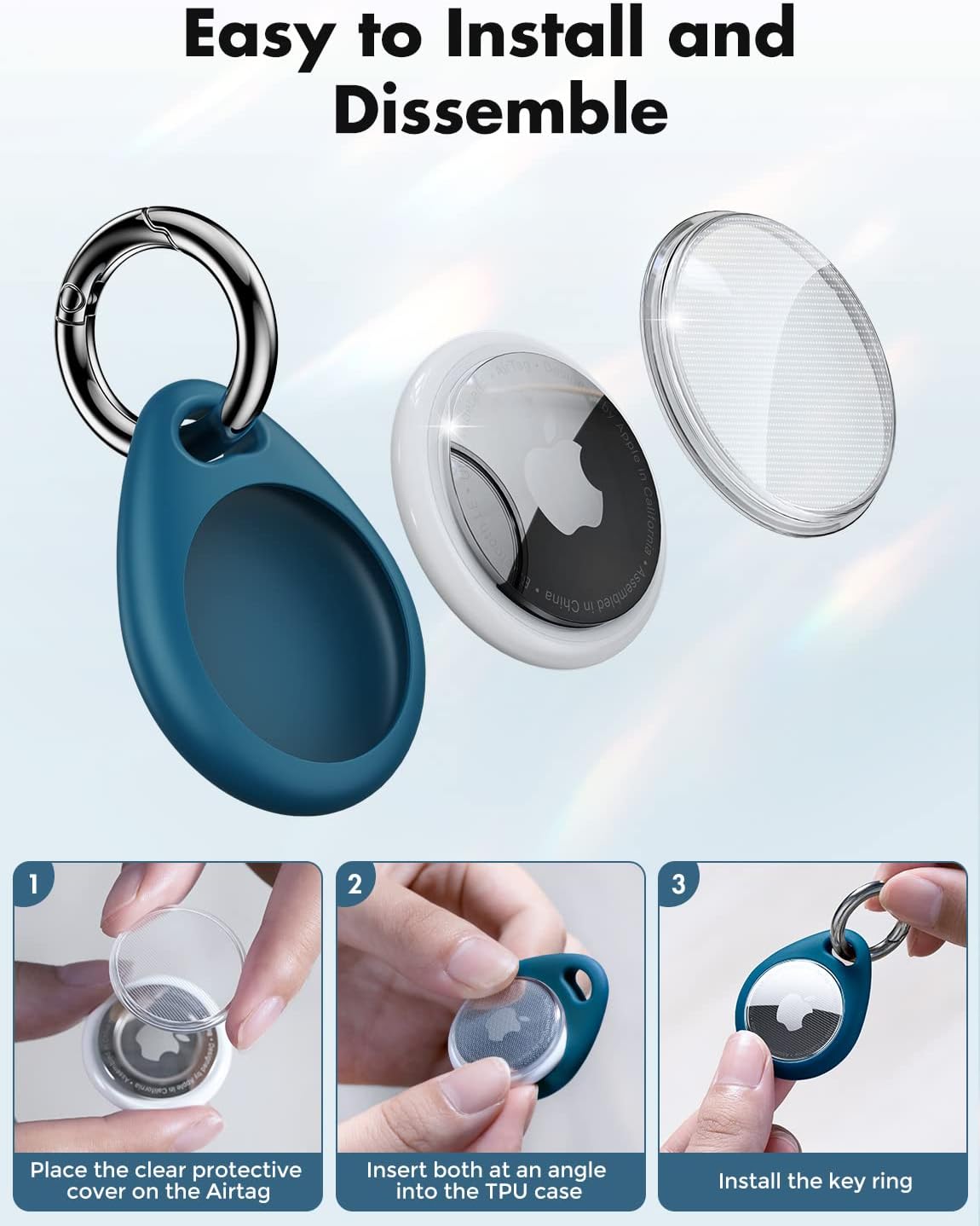 Paquete de 4 fundas AirTag con llavero [diseño de cerradura] [ligera] [protección contra rayones], funda protectora de soporte seguro para llaves, bolsas, equipaje y collar de mascotas (negro y azul) 