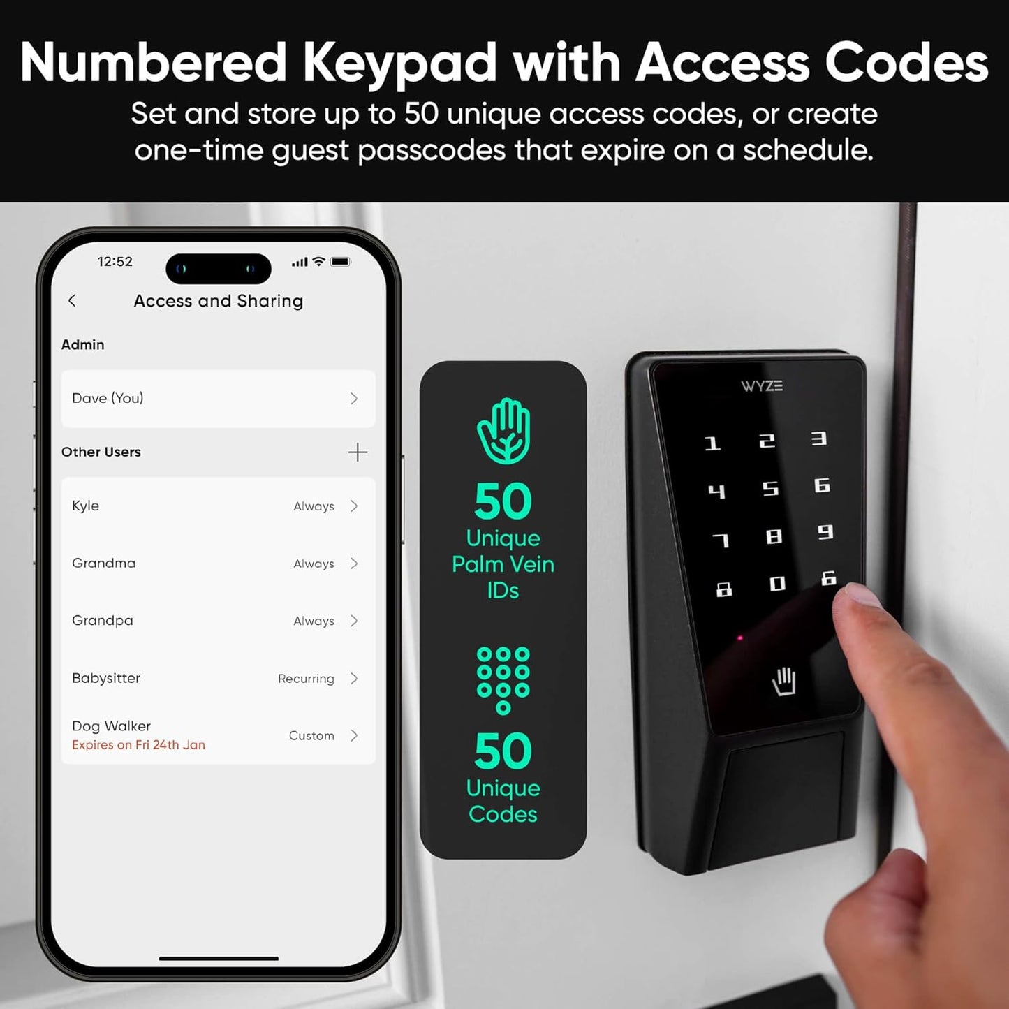 Cerradura Inteligente Wyze Palm Lock con Reconocimiento de Venas de la Palma, Entrada sin Llave, Wi-Fi, Teclado y Llave Mecánica