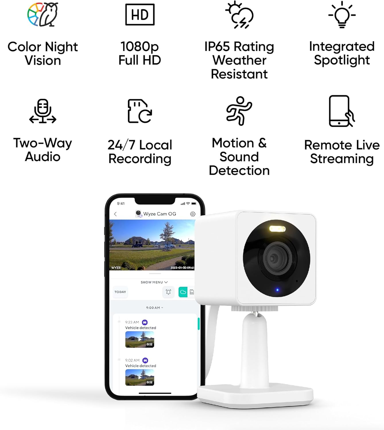 Cámara de Seguridad Wyze Cam OG Interior/Exterior 1080p Wi-Fi con Visión Nocturna en Color, Reflector Integrado y Detección de Movimiento