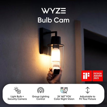 Cámara WYZE Bulb Cam 2K HD con Luz LED Regulable, Visión Nocturna en Color, Detección de Movimiento y Alarma, Compatible con Alexa y Google