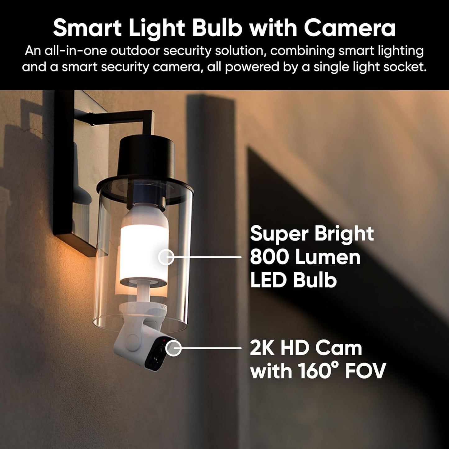 Cámara WYZE Bulb Cam 2K HD con Luz LED Regulable, Visión Nocturna en Color, Detección de Movimiento y Alarma, Compatible con Alexa y Google