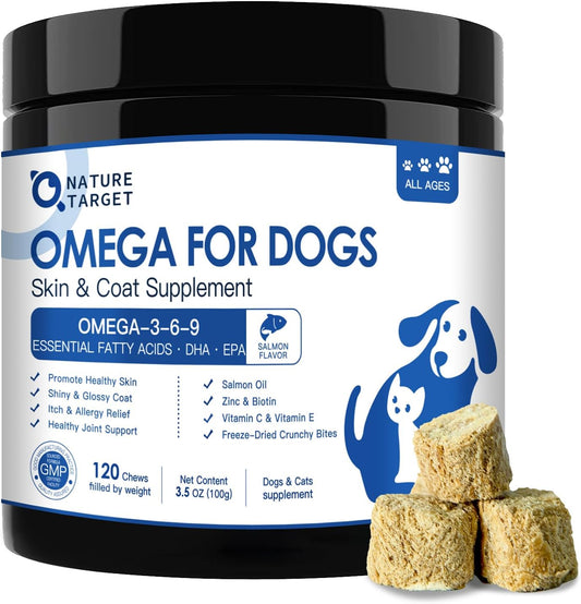 Omega 3 Fish Oil for Dogs, Salmon Oil for Skin & Coat Supplement with EPA & DHA Fatty Acids - Dog Itch & Allergy Relief, Anti Shedding, Hot Spots Treatment - Hip & Joint Support - 120ct