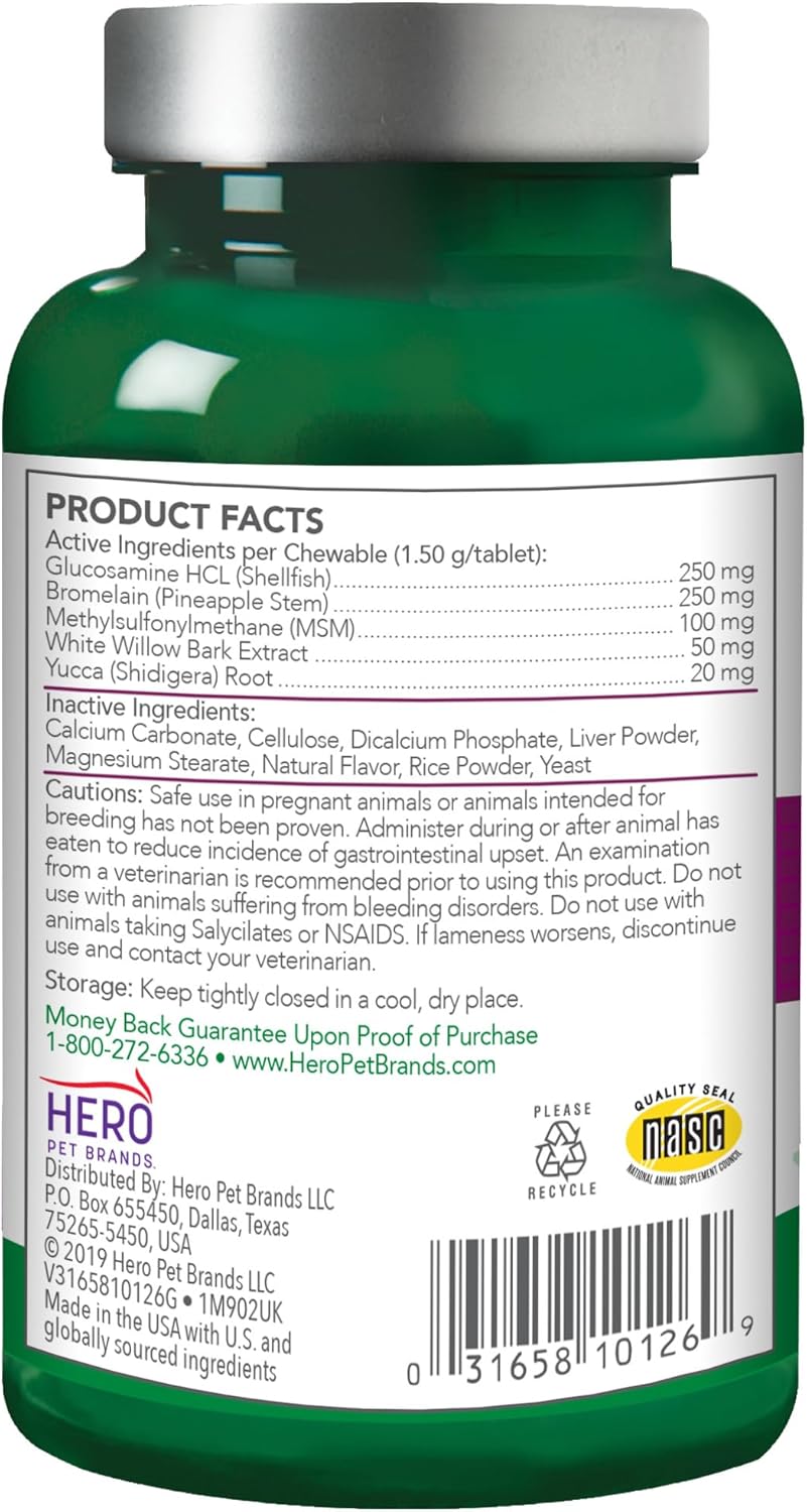 Suplemento para dolores y molestias en perros – Alivio del dolor y soporte articular formulado por veterinarios para dolores y molestias menores – Ayuda natural para la cadera y las articulaciones del perro – 50 comprimidos masticables 