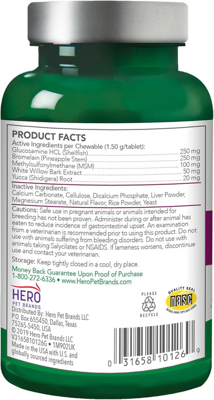 Suplemento para dolores y molestias en perros – Alivio del dolor y soporte articular formulado por veterinarios para dolores y molestias menores – Ayuda natural para la cadera y las articulaciones del perro – 50 comprimidos masticables 