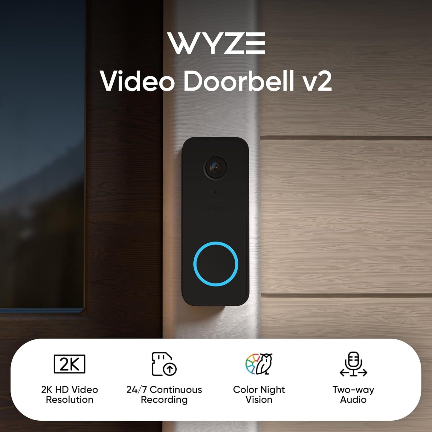 Timbre con Cámara WYZE v2 con Cableado, Video 2K, Visión Nocturna en Color, Audio Bidireccional, Detección de Paquetes, Compatible con Alexa y Google