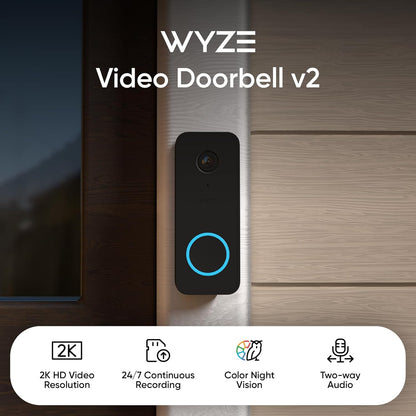 Timbre con Cámara WYZE v2 con Cableado, Video 2K, Visión Nocturna en Color, Audio Bidireccional, Detección de Paquetes, Compatible con Alexa y Google