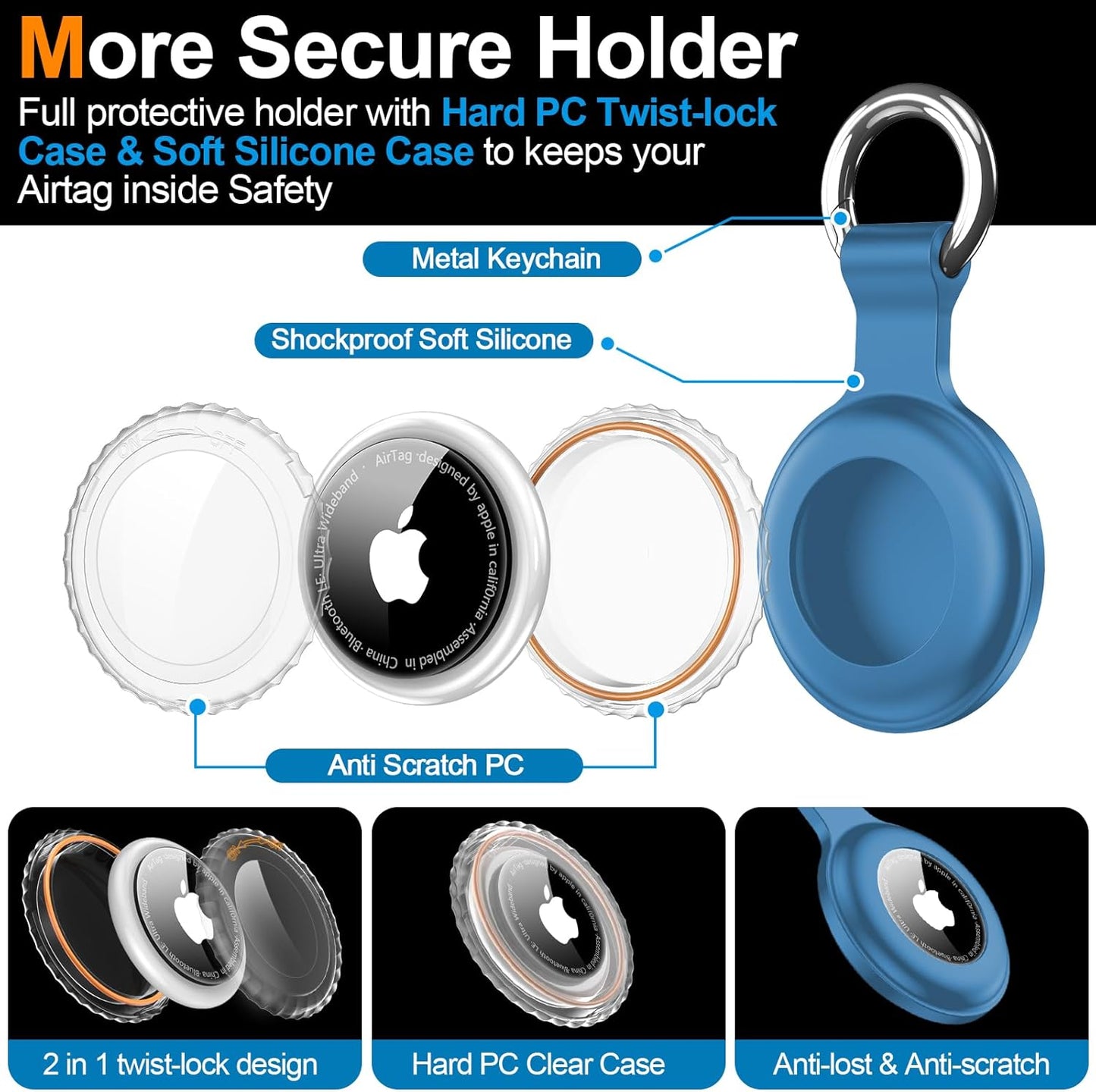 Paquete de 4 soportes impermeables IPX8 para AirTag de Apple con llavero, a prueba de golpes, antiarañazos, policarbonato y silicona, funda para buscadores de artículos AirTag, negro/azul/verde/rojo 