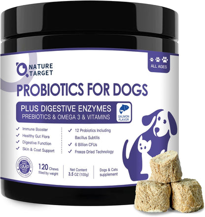 Probióticos para perros, 6 mil millones de UFC. Probióticos para la salud digestiva con prebióticos y enzimas digestivas. Rico en omega 3 y vitaminas para la piel y el pelaje. Sabor a salmón. 120 unidades. 