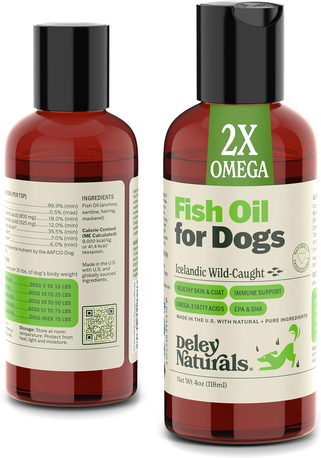 Aceite de pescado islandés 2X Omega para perros: alivio de la picazón en la piel con Omega 3, 6 y 9 para alergias, pelaje y problemas cardíacos. Aceite de pescado Omega 3 para perros con irritación cutánea. 113 g. 