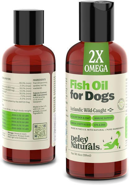 Aceite de pescado islandés 2X Omega para perros: alivio de la picazón en la piel con Omega 3, 6 y 9 para alergias, pelaje y problemas cardíacos. Aceite de pescado Omega 3 para perros con irritación cutánea. 113 g. 
