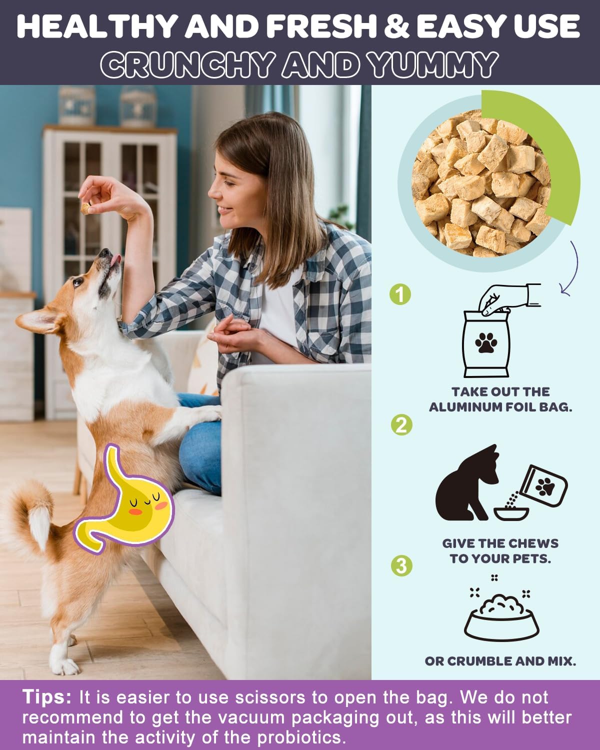 Probióticos para perros, 6 mil millones de UFC. Probióticos para la salud digestiva con prebióticos y enzimas digestivas. Rico en omega 3 y vitaminas para la piel y el pelaje. Sabor a salmón. 120 unidades. 