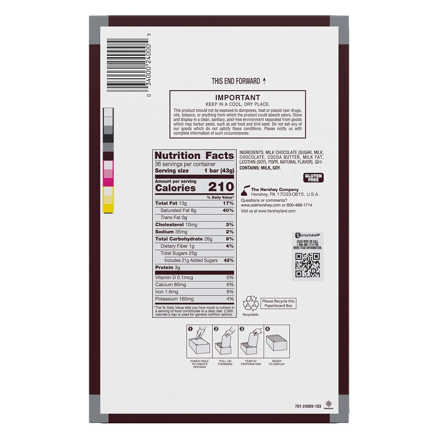 Barras de chocolate con leche y almendras enteras HERSHEY'S, 1.45 oz (36 unidades) 
