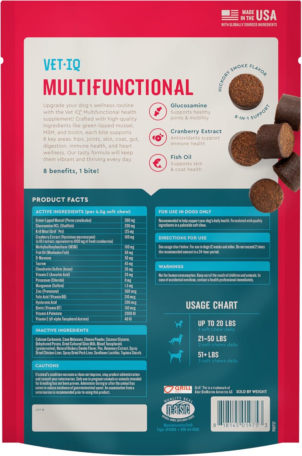 Suplemento 8 en 1 para perros: Masticables blandos multifuncionales que mejoran la salud de las caderas y articulaciones, la piel y el pelaje, el intestino y la digestión, y el sistema inmunitario y cardíaco. 