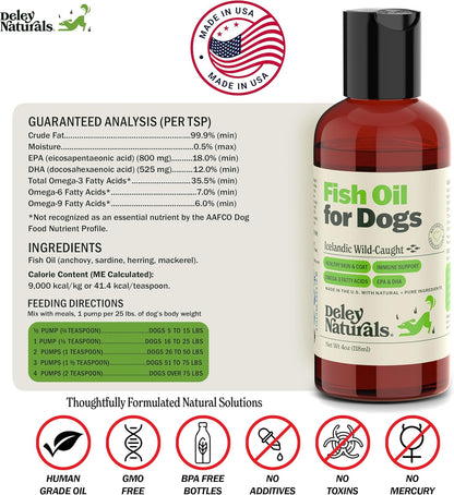 Aceite de pescado islandés 2X Omega para perros: alivio de la picazón en la piel con Omega 3, 6 y 9 para alergias, pelaje y problemas cardíacos. Aceite de pescado Omega 3 para perros con irritación cutánea. 113 g. 