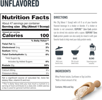 Isopure-Aislado de proteína de suero de leche en polvo 100% puro, sin carbohidratos/lactosa/gluten, c/vitaminas, sin sabor, 