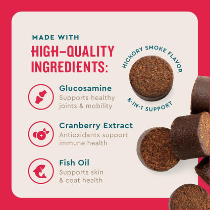 Suplemento 8 en 1 para perros: Masticables blandos multifuncionales que mejoran la salud de las caderas y articulaciones, la piel y el pelaje, el intestino y la digestión, y el sistema inmunitario y cardíaco. 