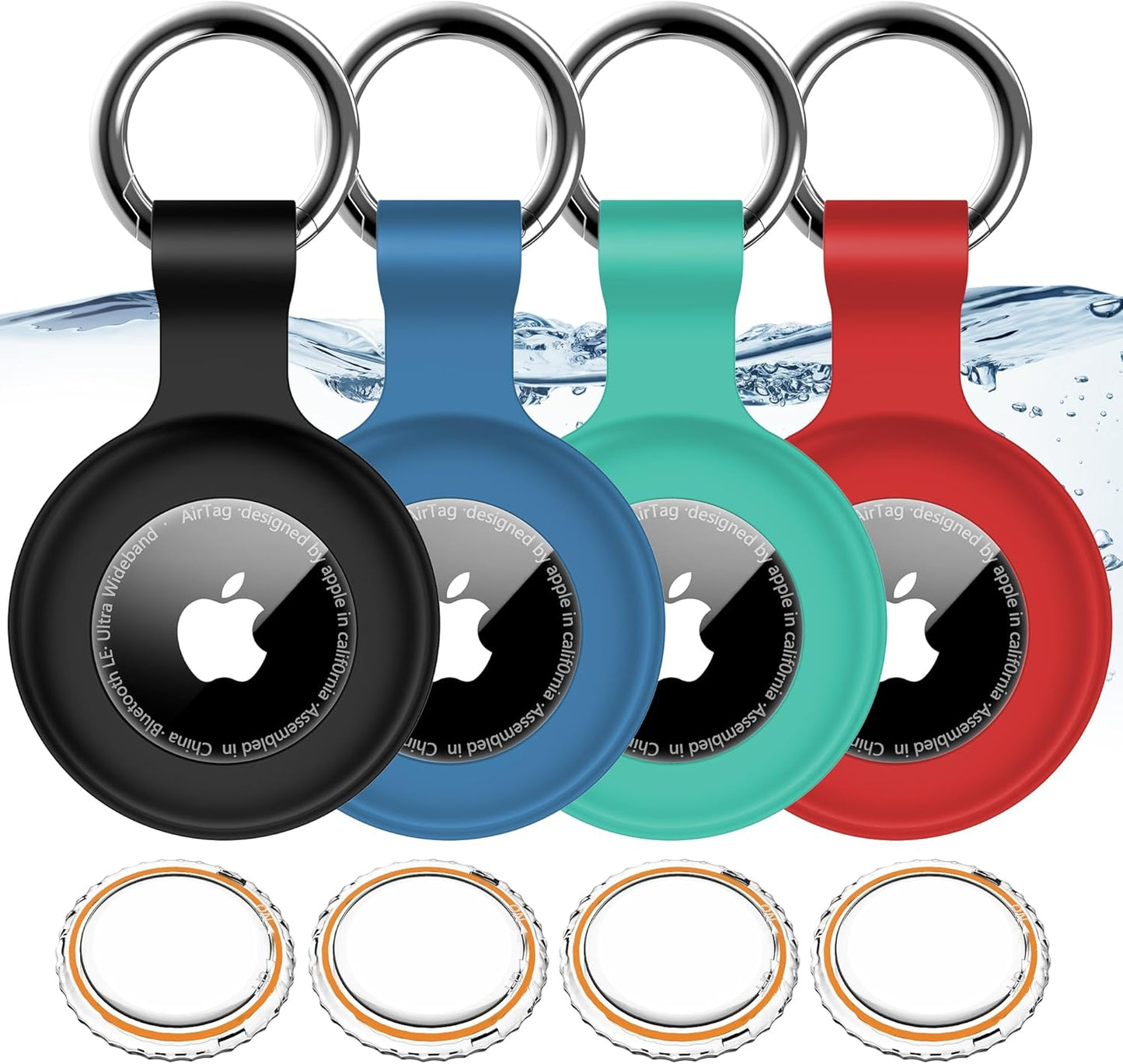 Paquete de 4 soportes impermeables IPX8 para AirTag de Apple con llavero, a prueba de golpes, antiarañazos, policarbonato y silicona, funda para buscadores de artículos AirTag, negro/azul/verde/rojo 